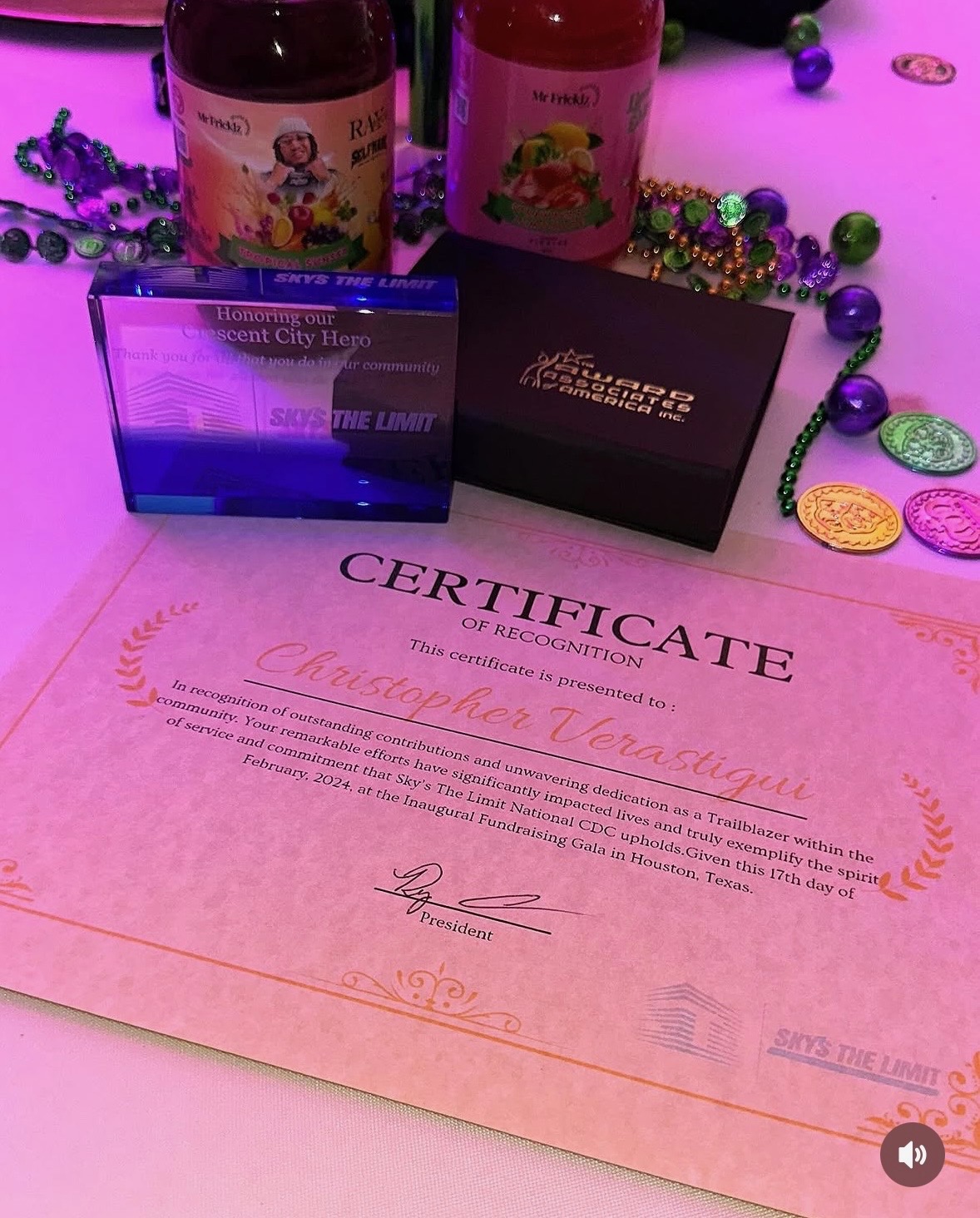 Crescent City Hero award and certificate of recognition