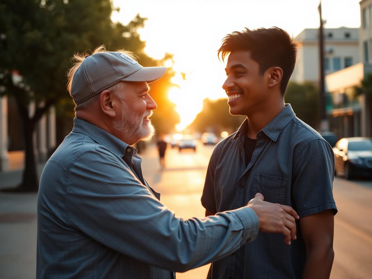 A mentor encouraging a young adult on a sunlit Houston street